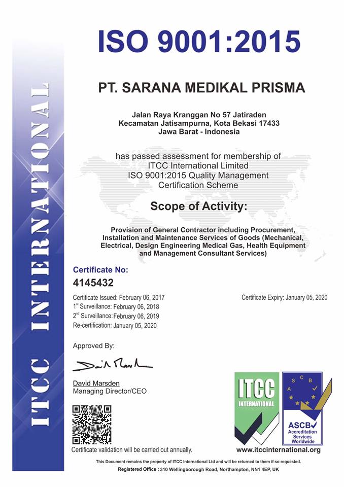 PT. Sarana Medikal Prisma mendapatkan SERTIFIKAT ISO 9001:2015 | PT. Sarana  Medikal Prisma » Distributor gas medis Beaconmedaes dan Distributor Nurse  call Ascom